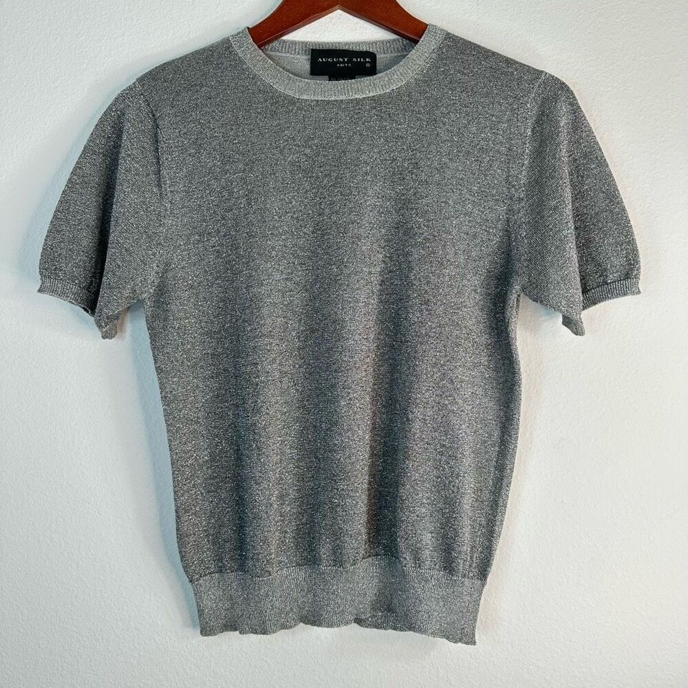 Vintage 90s August Silk Sparkly Silver Knit Crewneck Sweater Silk Blend‎ Medium